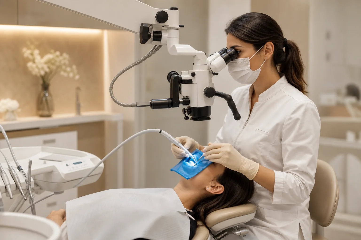 Imagem ilustrativa de dentista realizando tratamento de canal com microscópio e isolamento do dente
